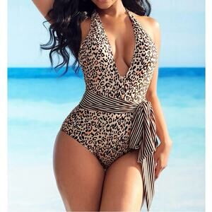 NWT Rosewe Leopard Print Halter Sash Belted One Piece Swimsuit. Size M.
